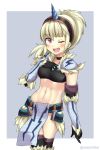  1girl artist_name black_choker black_tank_top blonde_hair blush breasts choker crop_top cropped_legs elbow_gloves eyebrows_visible_through_hair fur_trim gloves hairband hand_on_own_chest horn kirin_(armor) looking_at_viewer medium_breasts midriff monster_hunter monster_hunter:_world navel one_eye_closed open_mouth pink_eyes ponytail shirt sleeveless sleeveless_shirt smile solo souichitei tank_top thighhighs 