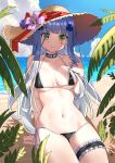  1girl absurdres arm_support bangs be_garam beach bikini black_bikini blue_sky blunt_bangs blush breasts cloud day eyebrows_visible_through_hair facial_mark girls_frontline green_eyes groin hair_ornament hat highres hk416_(girls_frontline) large_breasts long_hair looking_at_viewer navel ocean outdoors sand side-tie_bikini sidelocks silver_hair sitting sky smile solo stomach straw_hat swimsuit teardrop thigh_strap thighs very_long_hair 