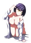  1girl all_fours arm_support bare_shoulders barefoot bed_sheet bob_cut breasts cleavage collared_shirt hair_behind_ear hand_in_hair hand_up hanging_breasts head_tilt kaname_nagi kneeling large_breasts long_sleeves looking_at_viewer mole mole_under_eye naked_shirt nijisanji off_shoulder open_clothes open_shirt parted_lips purple_hair shirt shizuka_rin short_hair simple_background sleeves_past_wrists solo virtual_youtuber white_background white_shirt yellow_eyes 