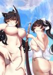  2girls alternate_costume animal_ears arm_at_side armpits ass ass_visible_through_thighs atago_(azur_lane) atago_(midsummer_march)_(azur_lane) azur_lane bangs bare_shoulders bikini blue_sky blunt_bangs breasts casual_one-piece_swimsuit closed_mouth cloud covered_nipples day eyebrows_visible_through_hair from_below from_side hair_ribbon hand_in_bikini hand_on_own_thigh hand_up highres holding holding_sword holding_weapon large_breasts legs_together long_hair looking_at_viewer looking_back looking_down mole mole_under_eye multiple_girls nape navel one-piece_swimsuit open_mouth outdoors ponytail ribbon schreibe_shura shiny shiny_hair sideboob sidelocks sky smirk swept_bangs swimsuit sword takao_(azur_lane) takao_(beach_rhapsody)_(azur_lane) thigh_gap thighs underboob weapon white_bikini white_ribbon white_swimsuit wooden_sword yellow_eyes 