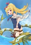  1girl :d ass bangs blonde_hair blue_sky blue_swimsuit blush cagliostro_(granblue_fantasy) cloud commentary_request day eyebrows_visible_through_hair glint granblue_fantasy hair_ornament heart heart-shaped_eyewear high_ponytail horizon long_hair looking_at_viewer looking_to_the_side ocean one-piece_swimsuit open_mouth outdoors ponytail purple_eyes red-tinted_eyewear sidelocks sky smile solo sunglasses swimsuit uneg water white-framed_eyewear 