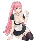  1girl apron bangs blunt_bangs breasts closed_mouth fire_emblem fire_emblem:_three_houses highres hilda_valentine_goneril j@ck large_breasts long_hair looking_at_viewer maid pink_eyes pink_hair simple_background smile solo thighhighs twintails white_background 