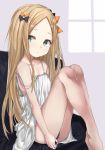  1girl abigail_williams_(fate/grand_order) ass bangs bare_shoulders black_bow black_panties blonde_hair blue_eyes bow breasts closed_mouth collarbone fate/grand_order fate_(series) forehead hair_bow knees_up legs long_hair looking_at_viewer orange_bow panties parted_bangs parusu_(ehyfhugj) polka_dot polka_dot_bow sitting small_breasts solo strap_slip thighs underwear white_camisole 