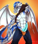  2019 abs anthro bat_wings bottomwear clothed clothing digital_media_(artwork) dragon fur hair horn knot looking_at_viewer male membrane_(anatomy) membranous_wings muscular nanukkluik nude pants pecs penis pinup pose razieal scalie shirt solo topwear underwear wings 