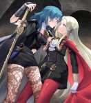  2girls amy30535 byleth_(fire_emblem)_(female) cape commentary_request edelgard_von_hresvelg fire_emblem fire_emblem:_three_houses gloves highres multiple_girls navel pantyhose shorts sword teacher_and_student weapon yuri 