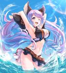  1girl ;d animal_ears arms_up bangs bikini black_bikini black_bow blue_sky blush bow breasts cloud commentary_request contrapposto day eyebrows_visible_through_hair frilled_bow frills granblue_fantasy groin hair_bow highres large_breasts long_hair looking_at_viewer low_twintails navel one_eye_closed open_mouth outdoors purple_eyes purple_hair satyr_(granblue_fantasy) sky smile solo standing swimsuit tomo_(user_hes4085) twintails very_long_hair wading water 
