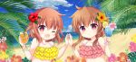  2girls alternate_costume bangs beach bikini bikini_top brown_eyes brown_hair cloud cloudy_sky cocktail cocktail_glass commentary_request cup drinking_glass eyebrows_visible_through_hair flower folded_ponytail frilled_bikini frills hair_between_eyes hair_flower hair_ornament holding holding_cup holding_hands ikazuchi_(kantai_collection) inazuma_(kantai_collection) kantai_collection kashiwadokoro looking_at_viewer multiple_girls ocean one_eye_closed open_mouth palm_leaf short_hair side_ponytail sky smile swimsuit 