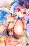  1girl absurdres alternate_costume azur_lane bikini black_bikini blurry breasts center_opening cleavage day depth_of_field dutch_angle eating eyewear_on_head food hair_between_eyes heart heart-shaped_eyewear highres large_breasts looking_at_viewer manjuu_(azur_lane) midriff navel o-ring o-ring_bikini outdoors parasol popsicle red_eyes see-through short_hair silver_hair sirius_(azur_lane) sirius_(midsummer_seirios)_(azur_lane) solo sunglasses swimsuit tub_(abcehknqux) umbrella water wet wrist_cuffs 