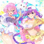  2girls asymmetrical_hair ball bangs bare_shoulders baseball_cap bb_(fate)_(all) bb_(swimsuit_mooncancer)_(fate) beachball blush braid breasts cleavage collarbone cropped_jacket dress_swimsuit fate/grand_order fate_(series) fou_(fate/grand_order) glasses grey_jacket hair_over_one_eye hat highres innertube jacket large_breasts long_hair long_sleeves looking_at_viewer mash_kyrielight multiple_girls navel off_shoulder open_clothes open_jacket pink_hair purple_eyes purple_hair short_hair single_braid skirt smile star_hat_ornament swimsuit swimsuit_of_perpetual_summer thighs very_long_hair wasa_(pixiv29582664) white_bikini_top white_headwear white_swimsuit yellow_jacket yellow_skirt 