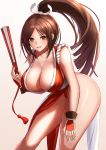  1girl bangs breasts brown_eyes brown_hair closed_fan fan fatal_fury folding_fan hanging_breasts high_ponytail highres holding holding_fan japanese_clothes large_breasts leaning_forward long_hair looking_at_viewer ninja parted_bangs pelvic_curtain ponytail revealing_clothes rothy_(user_cezn8425) shiranui_mai sleeveless smile solo the_king_of_fighters 