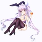  1girl animal_ears bangs black_footwear blue_ribbon blush breasts brown_eyes brown_legwear bunny_ears bunny_girl bunny_tail bunnysuit collarbone cup cupping_glass drinking_glass eyebrows_visible_through_hair fishnet_legwear fishnets hair_ribbon high_heels highres hikawa_kyoka holding holding_cup kemonomimi_mode leotard long_hair looking_at_viewer lydia601304 nipples nose_blush parted_lips princess_connect! princess_connect!_re:dive purple_hair purple_leotard ribbon shoes sitting small_breasts solo tail thighhighs topless twintails very_long_hair wrist_cuffs 