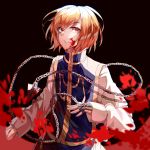  1boy blonde_hair blood blood_on_face bloody_weapon chain clothing_request commentary dark_background eyebrows_visible_through_hair hair_between_eyes highres hunter_x_hunter jewelry kanniepan kurapika long_sleeves male_focus red_eyes ring short_hair solo weapon 