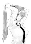  1girl arms_behind_head blush breasts collared_shirt commission greyscale hair_over_one_eye heavy_breathing highres long_hair long_sleeves looking_at_viewer monochrome necktie norman_maggot original ponytail shirt simple_background solo tying_hair upper_body white_background 