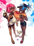  animal_humanoid baseball_cap beverage big_breasts bike_shorts blonde_hair blush bodily_fluids bottomwear bracelet breasts breasts_squish cephalopod cephalopod_humanoid cleavage clothed clothing cup dark_skin eigaka eyes_closed female footwear hair happy hat headgear headwear hi_res hoodie huge_breasts humanoid inkling jewelry laugh long_ears marine marine_humanoid mask mollusk mollusk_humanoid navel nintendo open_mouth_smile pseudo_hair sandals shorts simple_background smile solo splatoon sweat sweater teeth tentacle_hair tentacles topwear video_games 