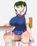  1girl abubu bangs bow breasts brown_eyes cameltoe glasses green_hair hair_ornament huge_breasts looking_at_viewer nikuko_(galko) open_mouth oshiete!_galko-chan over-rim_eyewear panties pantyshot pantyshot_(sitting) plaid plaid_skirt pleated_skirt plump school_uniform semi-rimless_eyewear short_sleeves short_twintails sitting skirt smile solo sweater_vest thick_thighs thighhighs thighs twintails underwear upskirt white_legwear white_panties yellow_eyes 