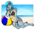  2019 4_toes 5_fingers accelo anthro blue_eyes blue_hair digital_media_(artwork) felid female fingers fur hair looking_at_viewer machairodontine mammal midriff navel solo spots spotted_fur toes 