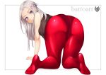  1girl all_fours anger_vein artist_logo artist_name ass bangs battoart blue_eyes edelgard_von_hresvelg fire_emblem fire_emblem:_three_houses frame full_body hair_ribbon highres long_hair looking_at_viewer looking_back pantyhose parted_bangs red_legwear ribbon silver_hair simple_background sleeveless solo white_background 