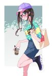  1girl bangs baseball_cap blue_eyes brown_hair bubble_tea denim denim_shorts glasses grin hat idolmaster idolmaster_shiny_colors looking_at_viewer mitsumine_yuika oda_ya_ka outside_border pac-man purple_headwear shoes shorts smile sneakers standing standing_on_one_leg tote_bag twintails 