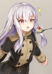  1girl breasts clenched_hand coat cowboy_shot eyebrows_visible_through_hair fire_emblem fire_emblem:_three_houses food fruit grey_background hair_between_eyes long_hair lysithea_von_cordelia military military_uniform open_mouth pastry purple_eyes se-u-ra sidelocks silver_hair simple_background small_breasts solo sparkle spoon straight_hair strawberry uniform 