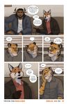  2018 bovid bovine canid canine cattle clothed clothing comic dialogue facial_hair felid fox hoodie horn jacket kimmykun male mammal orange_eyes pantherine purple_eyes tiger topwear yellow_eyes 