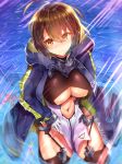  1girl absurdres ahoge artist_name azur_lane baltimore_(azur_lane) black_legwear blue_coat blurry blush breasts brown_hair center_opening character_name cleavage coat cowboy_shot day depth_of_field from_above garter_straps gloves hair_between_eyes highres hooded_coat leotard looking_at_viewer looking_up midriff navel navel_cutout outdoors short_hair solo starfish sunlight taut_clothes thighhighs thighs tub_(abcehknqux) wading water white_gloves yellow_eyes 