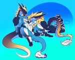  anthro balls blue_fur blusky digital_media_(artwork) dngt dragon fur halley male male/male nude penis scalie sergal simple_background smile teryx_commodore 