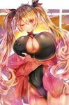  1girl absurdres alternate_costume azur_lane black_swimsuit blonde_hair blurry blush bow breast_hold breasts center_opening cleavage cloud cloudy_sky covered_navel cowboy_shot crossed_arms depth_of_field dusk dutch_angle hair_bow highres jacket large_breasts long_hair long_sleeves looking_at_viewer nelson_(azur_lane) off_shoulder one-piece_swimsuit one_eye_closed outdoors red_eyes sky solo swimsuit tub_(abcehknqux) twintails 