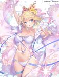  1girl :o arm_up bangs bare_shoulders bikini blonde_hair blue_eyes blue_ribbon blush breasts cleavage collarbone cowboy_shot europa_(granblue_fantasy) flower granblue_fantasy hair_between_eyes hair_flower hair_ornament hong_(white_spider) large_breasts looking_at_viewer nail_polish navel outstretched_arm parted_lips ribbon sash short_hair solo stomach swimsuit thigh_strap thighs tiara white_bikini 