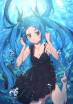  1girl black_dress blue_eyes blue_hair blush bubble caustics collarbone commentary dress frilled_dress frills frown full_body furrowed_eyebrows hair_ribbon hands_up hatsune_miku lace lace-trimmed_dress legs_up lips long_hair looking_at_viewer ribbon shinkai_shoujo_(vocaloid) solo spaghetti_strap tshangen131 twintails underwater very_long_hair vocaloid 
