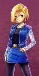  1girl android_18 belt blonde_hair blue_eyes breasts closed_mouth commentary commentary_request denim dragon_ball dragon_ball_z looking_at_viewer pantyhose shirt short_hair simple_background skirt solo vmat 