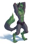  absurd_res anthro briefs bulge canid canine canis clothed clothing hands_behind_head harufeng hi_res looking_at_viewer male mammal muscular muscular_male scar smile solo standing topless underwear wolf 