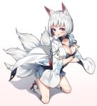  1girl absurdres animal_ears azur_lane bangs blue_eyes blue_skirt blunt_bangs blush bob_cut breasts choker cleavage collarbone commentary crossed_arms eyebrows_visible_through_hair fang fox_ears fox_tail highres hop3 japanese_clothes kaga_(azur_lane) kimono kneeling kyuubi large_breasts leaning_forward looking_at_viewer multiple_tails open_mouth pleated_skirt rudder_footwear sakuramon shikigami short_hair skirt solo straight_hair tail turning_head white_hair wide_sleeves 