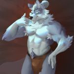  1:1 anthro armpit_hair bulge canid canine canis clothed clothing harufeng hi_res loincloth looking_at_viewer male mammal muscular muscular_male pubes solo standing topless wolf 