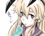  1girl animal_ears blonde_hair bunny_ears commentary_request fake_animal_ears food grey_eyes hair_between_eyes hairband highres inoue_kousei kantai_collection long_hair looking_at_viewer popsicle shimakaze_(kantai_collection) sidelocks solo sweat tongue tongue_out translation_request upper_body 