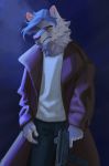  anthro canid canine canis cigarette clothed clothing fur gun hair harufeng looking_at_viewer male mammal ranged_weapon simple_background solo standing weapon wolf 