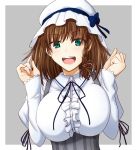  1girl bonnet braid breasts brown_hair charlotte_corday_(fate/grand_order) fate/grand_order fate_(series) green_eyes hasebe_akira juliet_sleeves large_breasts long_sleeves puffy_sleeves sleeves_past_wrists smile 