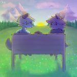  1:1 2019 absurd_res anthro bench cloud day detailed_background dewott digital_media_(artwork) duo forest fur grass hair hi_res kalidoesart male male/male mountain nintendo outside pok&eacute;mon pok&eacute;mon_(species) sky smile sunset tree video_games zorua 