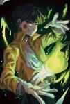  1boy black_eyes black_hair blush_stickers bokuken dark_background dirty_clothes ekubo_(mob_psycho_100) fire green_fire grin hand_up highres jacket kageyama_shigeo male_focus mob_psycho_100 orange_jacket possessed shirt smile solo spirit standing white_shirt 