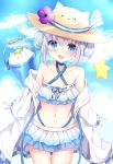  1girl :d angora_rabbit animal animal_ears animal_hat bikini blue_eyes blue_hair blue_sky blush brown_headwear bucket bunny cloud cloudy_sky collarbone commentary_request criss-cross_halter day double_bun fake_animal_ears flower gochuumon_wa_usagi_desu_ka? hair_ornament halterneck hat hat_flower highres jacket kafuu_chino kouda_suzu long_sleeves navel off_shoulder open_clothes open_jacket open_mouth outdoors purple_flower ribbon-trimmed_bikini side_bun sidelocks sky sleeves_past_wrists smile starfish sun_hat swimsuit thigh_gap tippy_(gochiusa) white_bikini white_jacket x_hair_ornament 