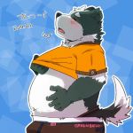  1:1 2019 anthro belly blush bulge canid canine canis clothed clothing domestic_dog eyes_closed green_bell hi_res humanoid_hands inakamichi japanese_text male mammal navel open_shirt overweight overweight_male shirt solo text topwear underwear 
