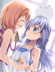  2girls :d angora_rabbit animal animal_on_head bangs bare_arms bare_shoulders blue_eyes blue_hair blush brown_hair bunny closed_mouth collarbone commentary_request dress dutch_angle eye_contact eyebrows_visible_through_hair facing_another gochuumon_wa_usagi_desu_ka? hair_between_eyes holding hoto_cocoa kafuu_chino long_hair looking_at_another multiple_girls natsume_eri on_head open_mouth plaid plaid_shirt profile shirt sleeveless sleeveless_dress sleeveless_shirt smile tippy_(gochiusa) very_long_hair white_dress window 