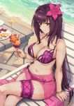  1girl bangs beach bikini blush bracelet breasts chair cleavage collarbone crossed_legs cup day detexted fate/grand_order fate_(series) flower hair_flower hair_ornament haoni hibiscus holding holding_cup jewelry large_breasts long_hair looking_at_viewer lounge_chair navel outdoors purple_bikini purple_hair red_eyes sarong scathach_(fate)_(all) scathach_(fate/grand_order) scathach_(swimsuit_assassin)_(fate) sidelocks sitting smile solo swimsuit table thigh_strap third-party_edit translucent_sarong very_long_hair 