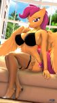  2019 anthroponiessfm big_breasts bra breasts cleavage clothed clothing colored_nails cutie_mark equid equine female friendship_is_magic hair hi_res legwear mammal my_little_pony nails pterippus purple_eyes purple_hair purple_nails scootaloo_(mlp) sitting solo stockings underwear wings 