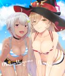  2girls absurdres ahoge beach bikini black_shorts blonde_hair blue_bikini blue_sky blush breasts cleavage closed_mouth collarbone commentary cowboy_shot dark_skin day fang fang_out food_themed_hair_ornament grey_hair hair_between_eyes hair_ornament hat hayama_marin highres kneeling large_breasts leaning_forward lime_slice lips long_hair looking_at_viewer multiple_girls navel nijisanji nui_sociere open_mouth outdoors purple_eyes red_bikini shorts sky smile striped striped_bikini sunlight swimsuit temari_rin very_long_hair virtual_youtuber white_shorts witch_hat 