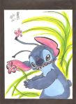  alien antennae_(anatomy) black_claws blue_fur blue_nose claws dipstick_antennae disney donryu experiment_(lilo_and_stitch) flower fur grass holding_flower holding_object lilo_and_stitch multicolored_antennae notched_ear open_mouth open_smile plant small_tail smile solo stitch_(lilo_and_stitch) traditional_media_(artwork) 