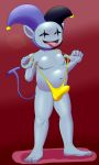  2019 5_fingers 5_toes absurd_res black_sclera bodily_fluids bulge clothing clown cum darkner deltarune erection erection_under_clothing fingers genital_fluids gradient_background hat headgear headwear hi_res humanoid imp invalid_tag jester jevil_(deltarune) looking_at_viewer male mankini mostly_nude nipples not_furry open_mouth penis_outline pheanir plantigrade precum simple_background slightly_chubby smile solo toes tongue tongue_out video_games white_eyes 