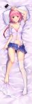 1girl absurdres arm_up bangs bed_sheet blue_skirt blush bra breasts cellphone collarbone dakimakura dress_shirt feet from_above highres lace lace-trimmed_bra ling_shi_zhi_meng looking_at_viewer lying navel off_shoulder on_back open_clothes open_shirt open_skirt original panties partially_unbuttoned phone pillow pink_eyes pink_hair plaid plaid_skirt pleated_skirt see-through shiny shiny_skin shirt short_sleeves single_thighhigh skirt skirt_lift smartphone solo strap_slip swept_bangs thighhigh_removed thighhighs underwear white_legwear 