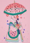  1girl artist_name bag black_eyes dripping droplet food fruit hands_together holding holding_umbrella long_hair long_sleeves meyoco original pink_background pink_hair profile rain shoulder_bag solo sparkle transparent umbrella upper_body watermelon 