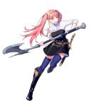  1girl bangs belt blue_legwear boots dress fire_emblem fire_emblem:_three_houses fire_emblem_heroes full_body highres hilda_valentine_goneril knee_boots long_hair official_art pink_hair shiny shiny_hair short_dress sleeves_rolled_up solo sword thighhighs transparent_background twintails weapon zettai_ryouiki 