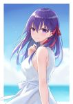  1girl azuuru bare_arms bare_shoulders blue_sky blurry blurry_background breasts closed_mouth dress fate/stay_night fate_(series) from_side hair_between_eyes hair_ribbon hand_up highres long_hair looking_at_viewer looking_to_the_side matou_sakura medium_breasts outside_border purple_eyes purple_hair red_ribbon ribbon sky sleeveless sleeveless_dress smile solo upper_body white_dress 